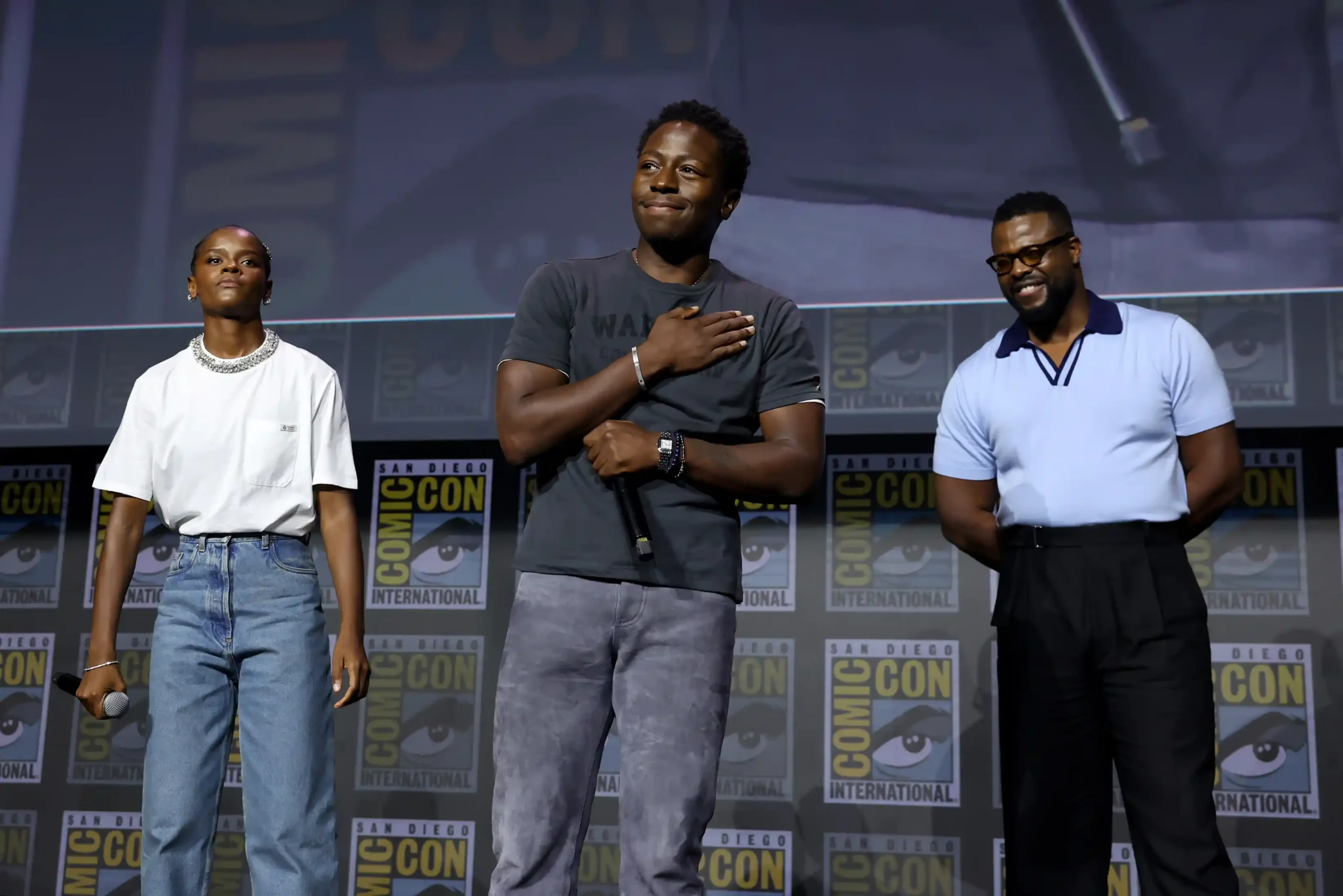 SAN DIEGO, CALIFORNIA - JULY 25: (L-R) Letitia Wright, David Jonsson and Winston Duke speak onstage during the Marvel Studios Panel at 2026 San Diego Comic-Con on July 25, 2026 in San Diego, California. (Photo by Jesse Grant/Getty Images for Disney)