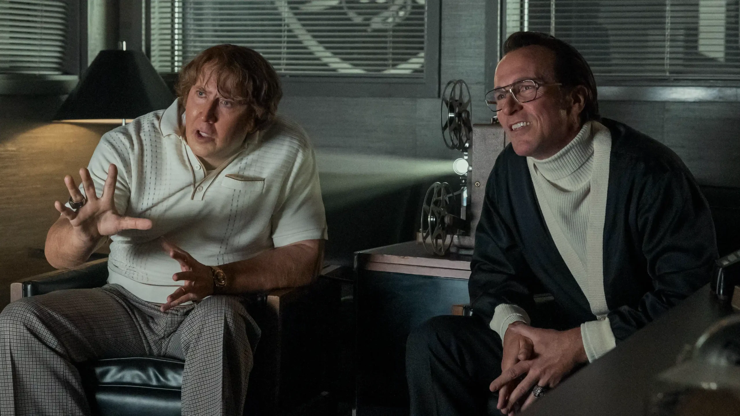 Nicolas Cage (John Madden) and Christian Bale (Al Davis) in MADDEN Photo Credit Chuck Zlotnick _ Prime © Amazon Content Services LLC